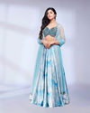 Teal Blue Marble Printed Sequinned Skirt Top